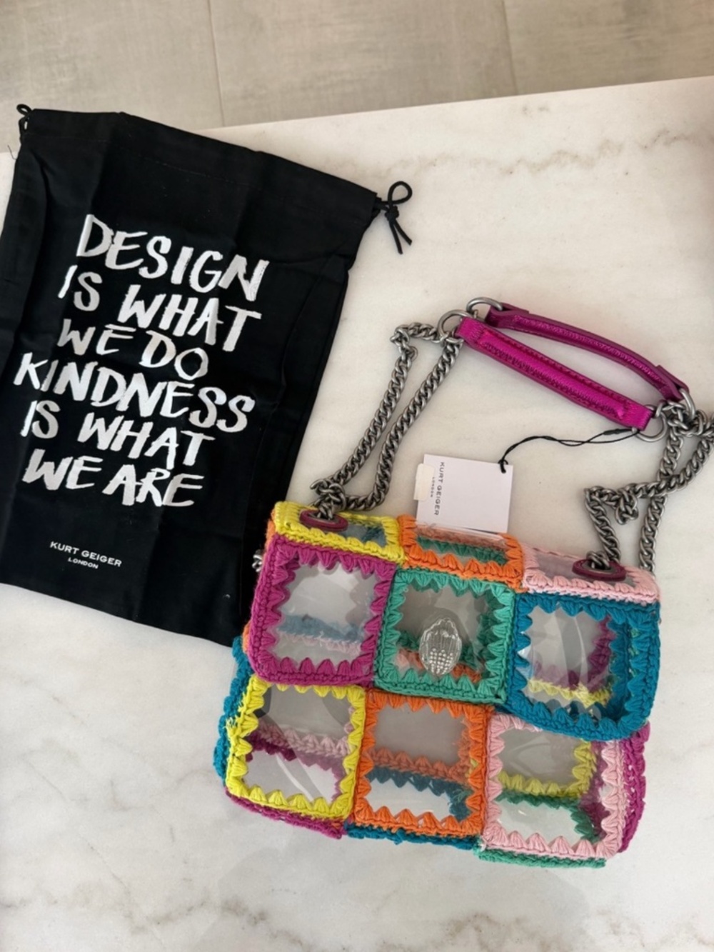 NWT Kurt Geiger London Medium Kensington Clear Rainbow Crochet Shoulder Bag - Picture 2 of 6